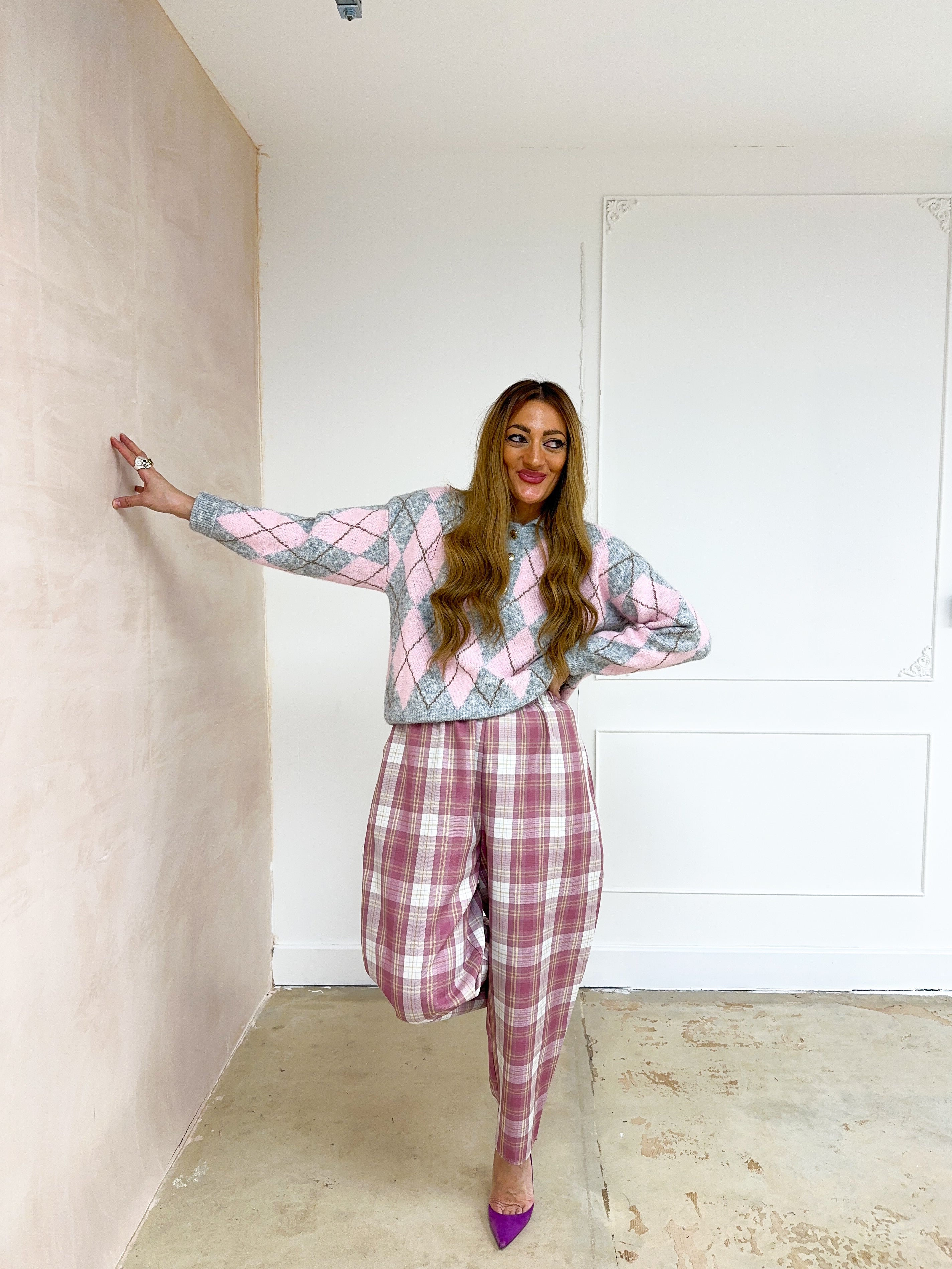 Tartan Check Balloon Trousers In Pink