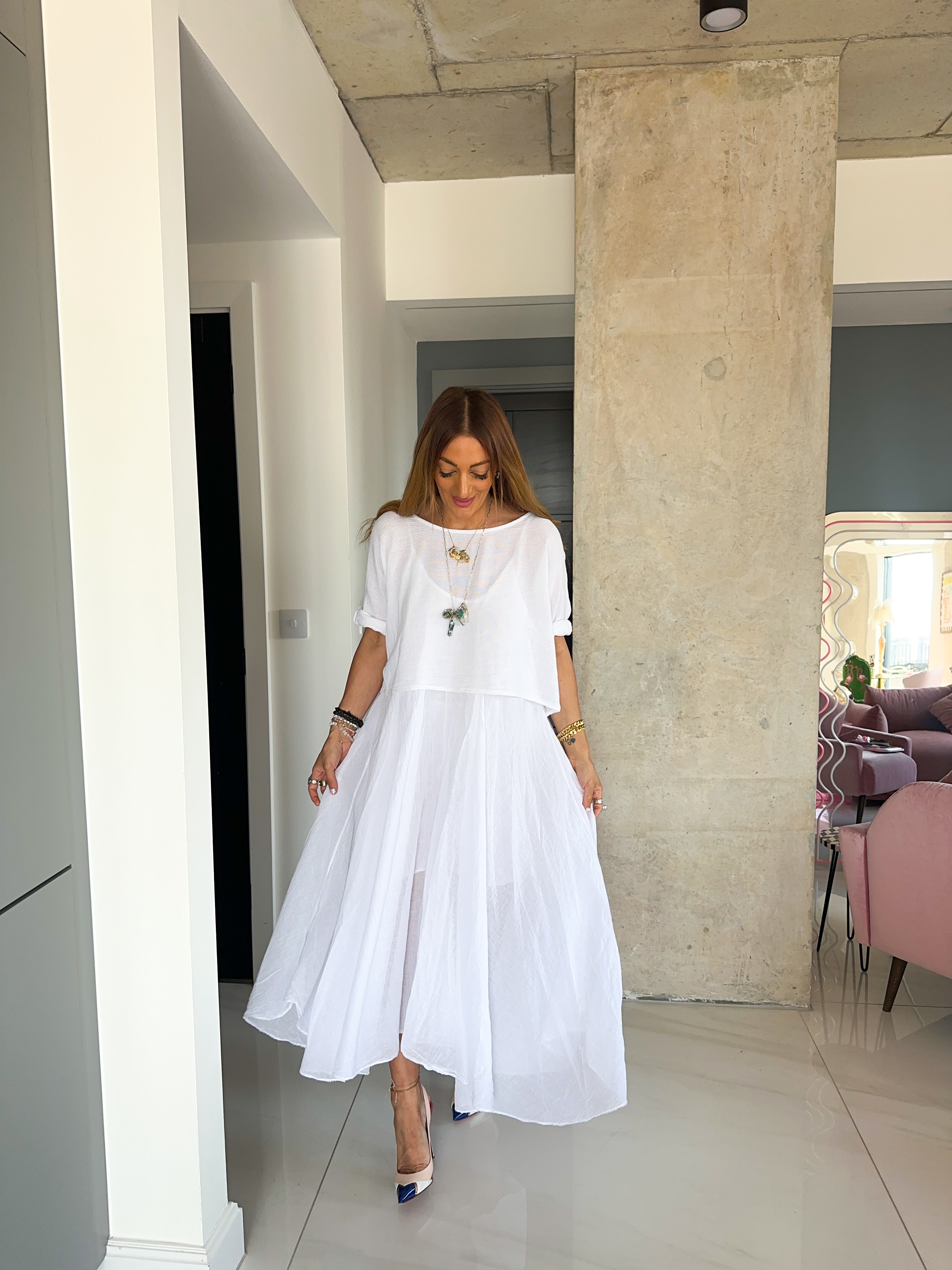 White Linen T-Shirt Style Maxi Dress