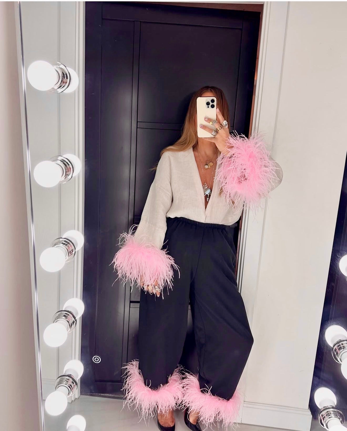 Pink Feather Hem Balloon Trousers In Black
