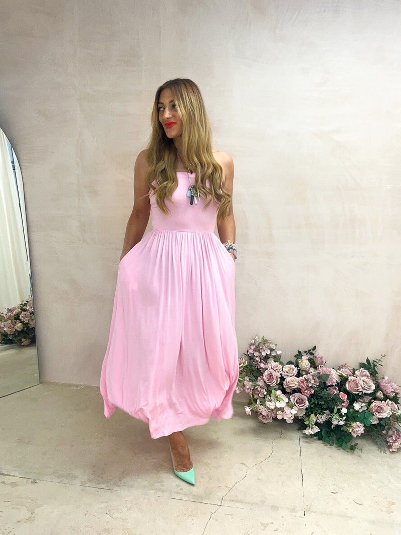 Bandeau Style Full Skirt Midi Dress In Candy Pink