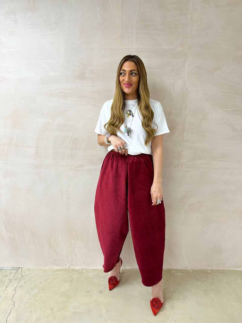 High Waisted Balloon Trousers In Burgundy Cord