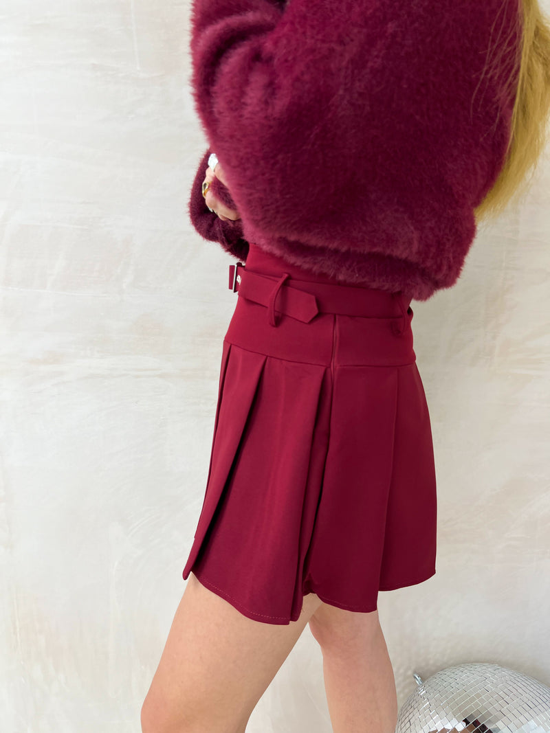 Pleated Mini Skirt/Shorts In Burgundy