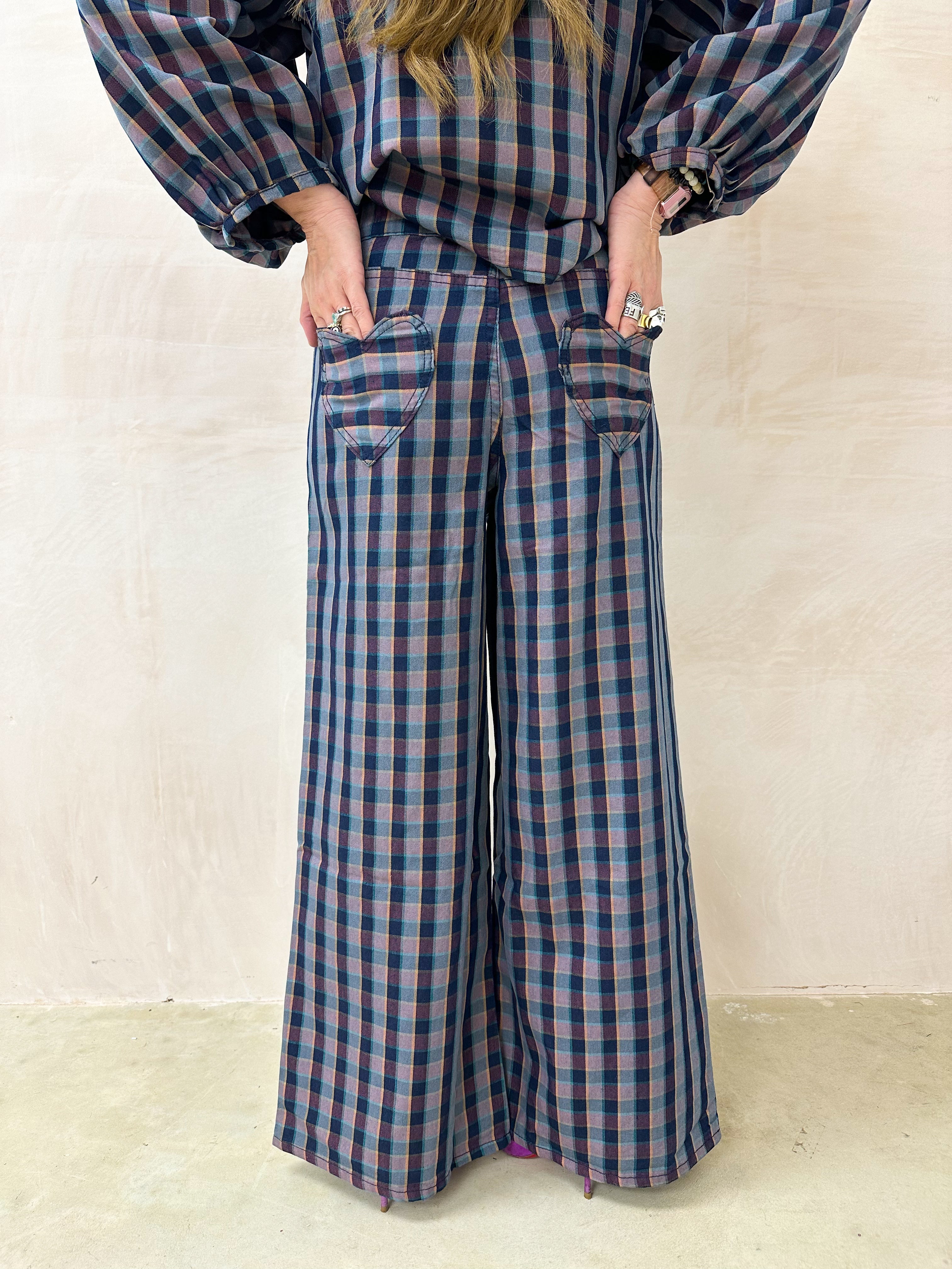 Wide Leg Trousers In Purple/Navy Check