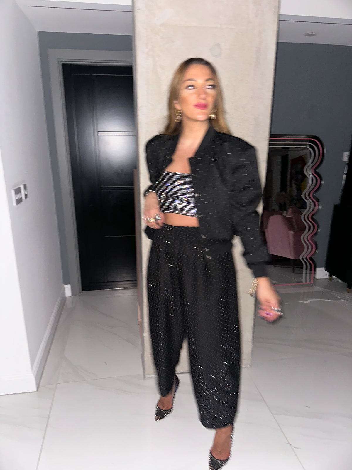 Core 0.2 Scattered Rhinestone Bomber Jacket In Black