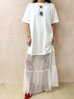 White T-Shirt Dress with Lace Hem Skirt