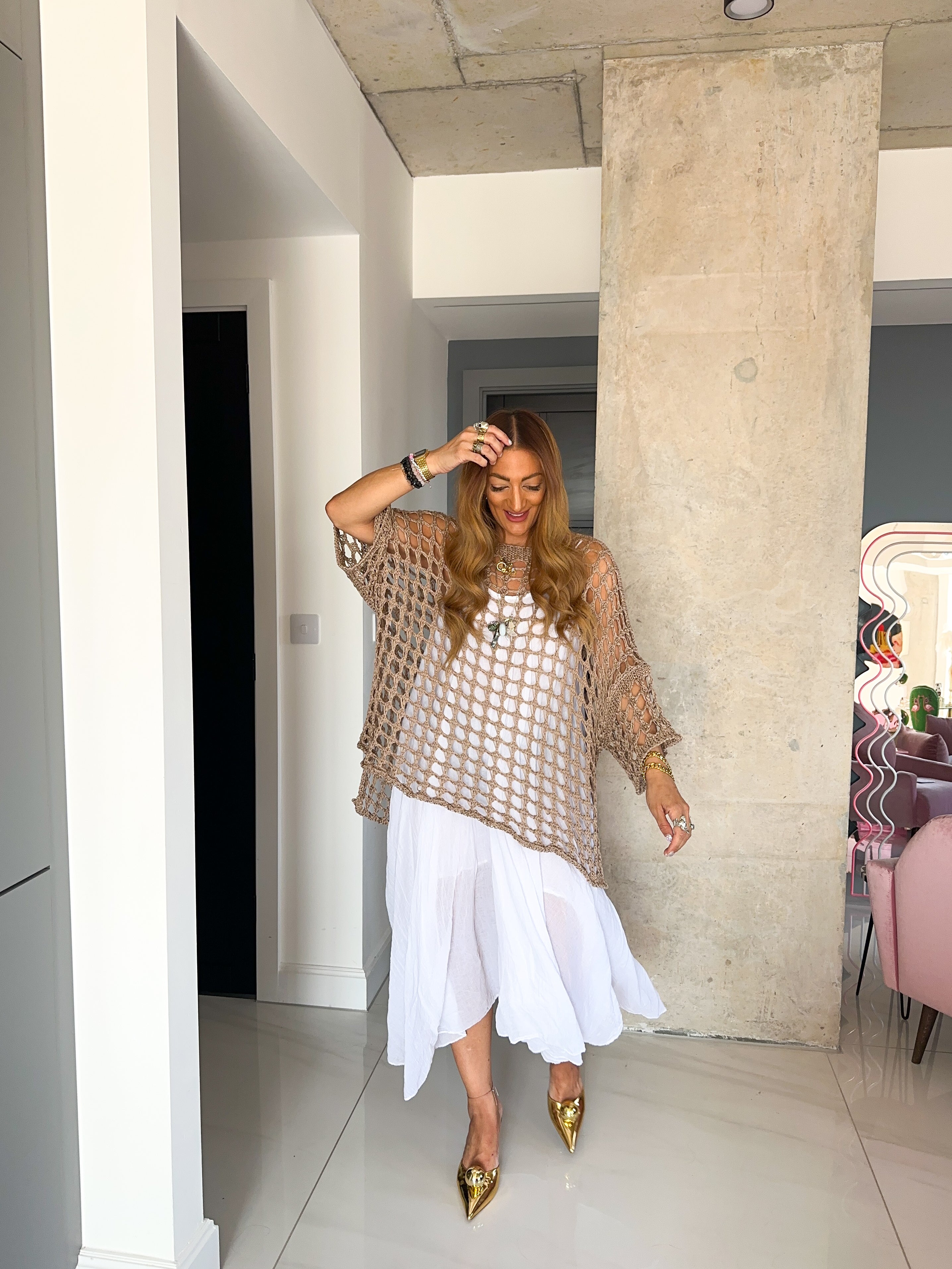 Loop Knit Oversized Sheer Jumper In Taupe