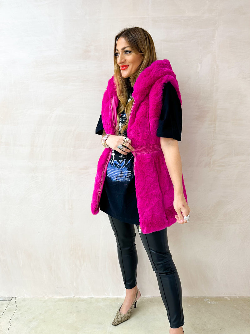 Faux Fur Hooded Gillet In Fuschia Pink