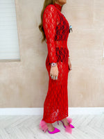 Sheer Lace Midi Dress In Red