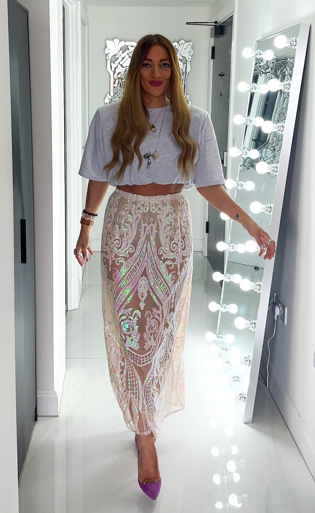 Solaris Fortuna Sequin Midi Skirt In Champagne