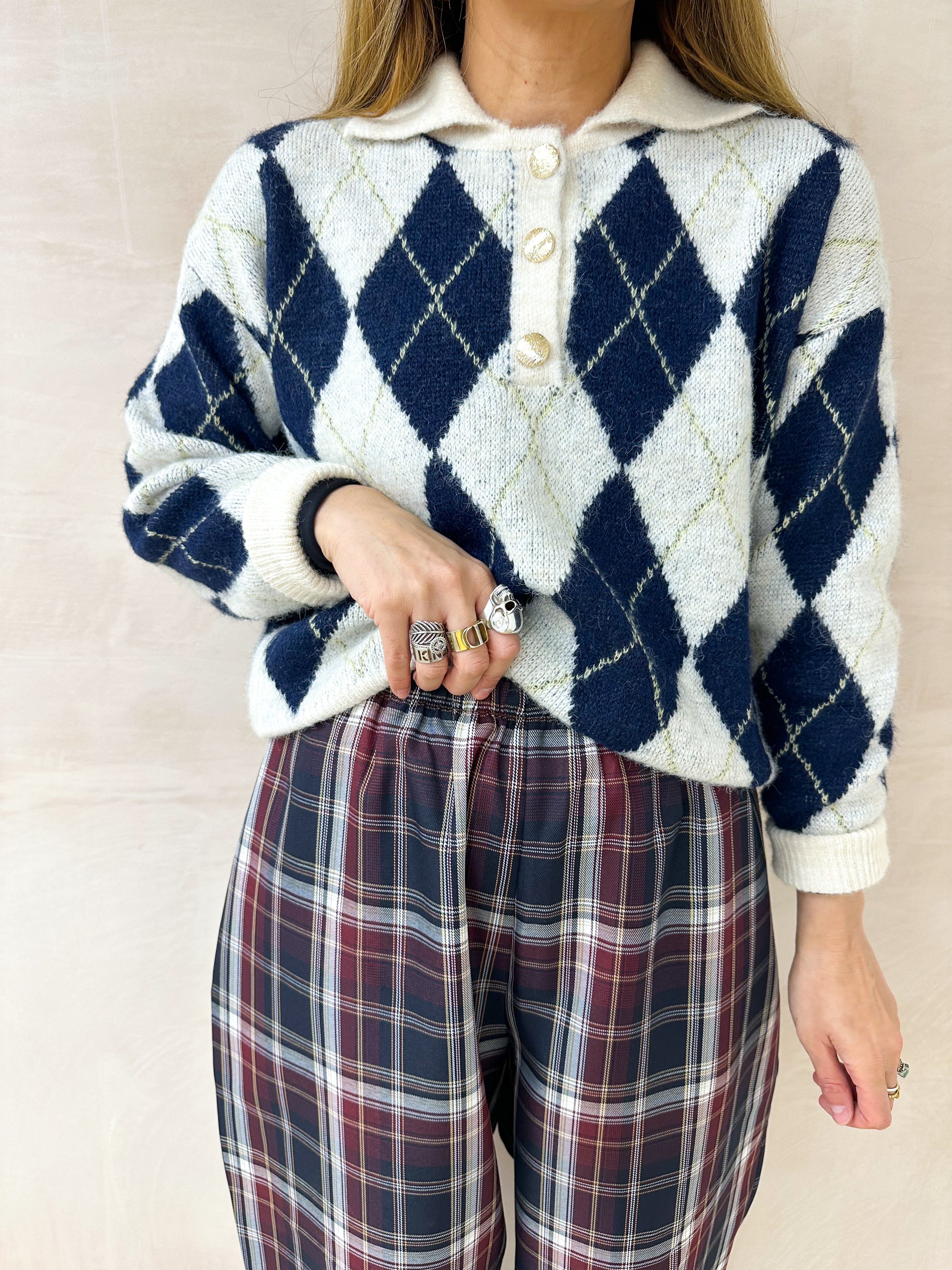 Argyle Polo Style Jumper In Cream/Navy