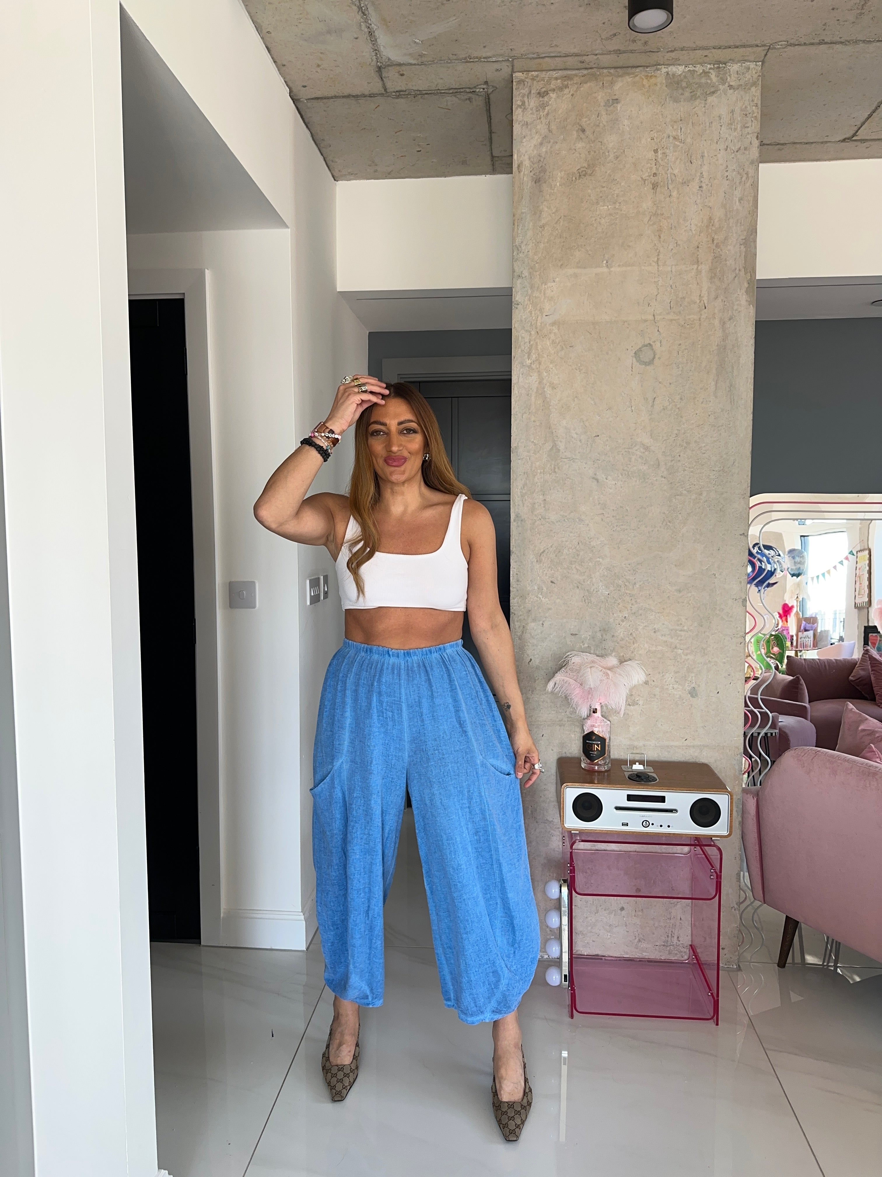 Linen Balloon Trousers In Sky Blue