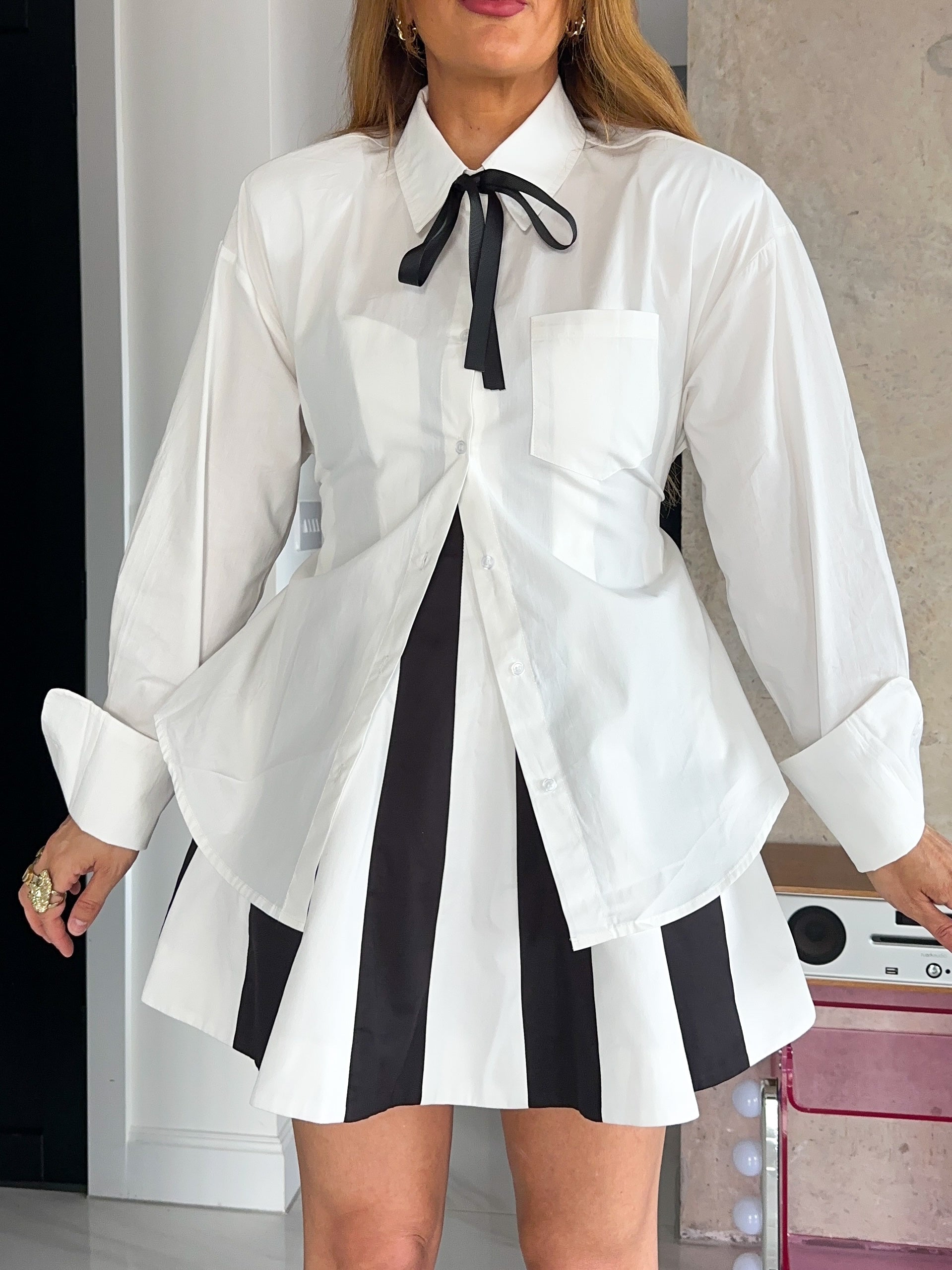 Shoulder Pad Tie Waist Shirt In White