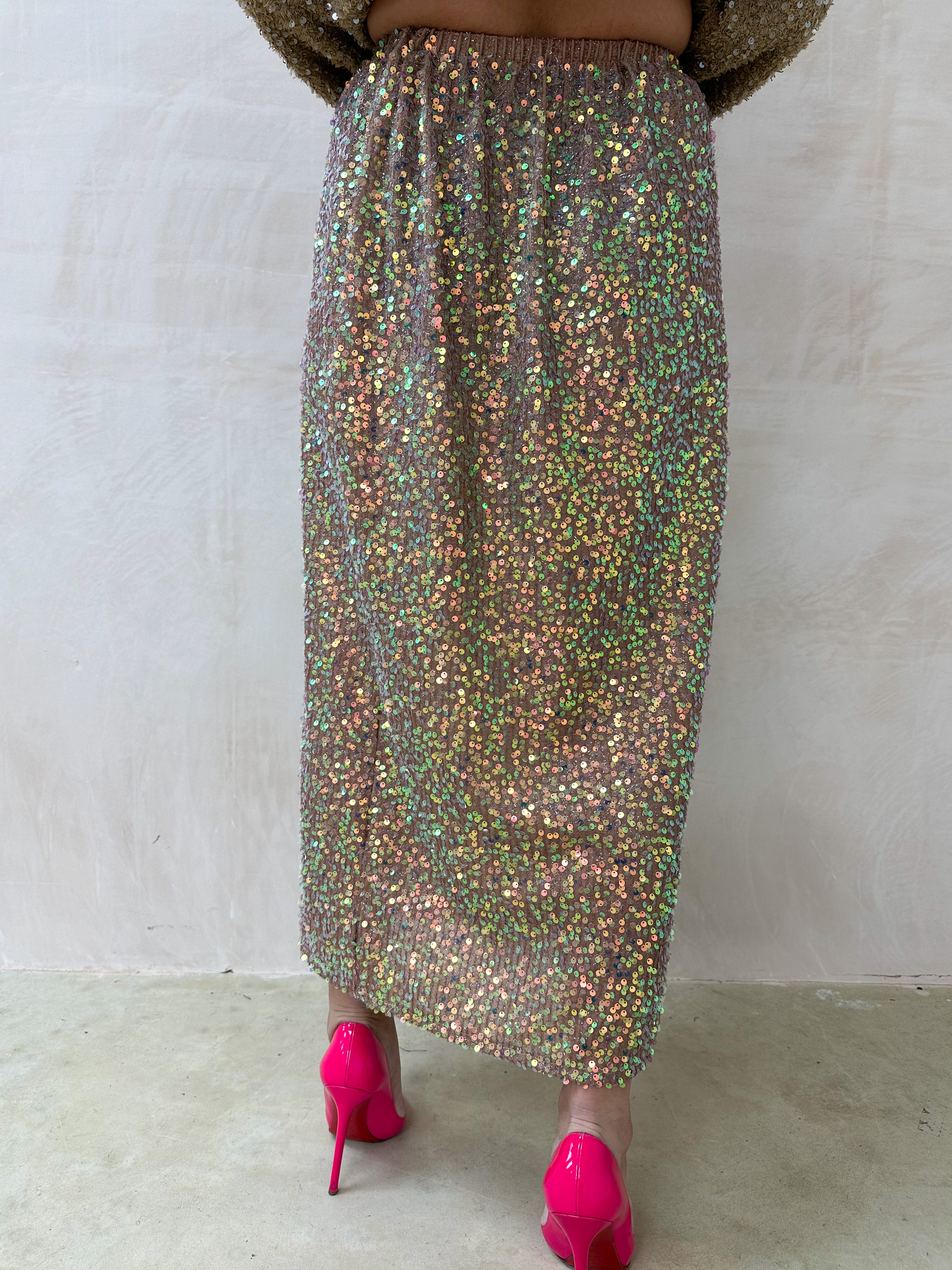 'Candy' Iridescent Sequin Midi Skirt In Nude