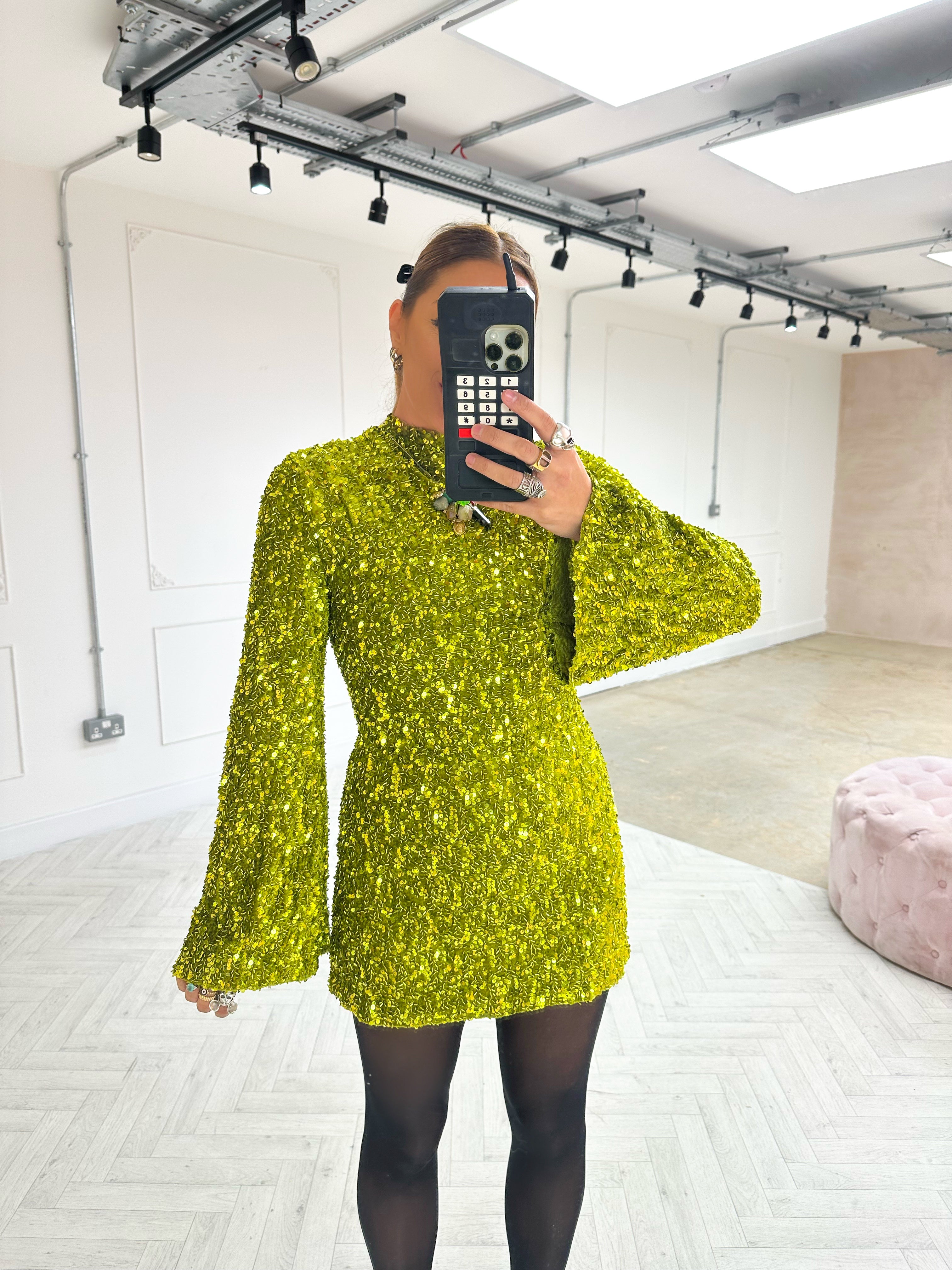 Flare Sleeve Sequin Mini Dress In Green