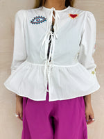Embroidered Detail Puff Sleeve Peplum Top In White