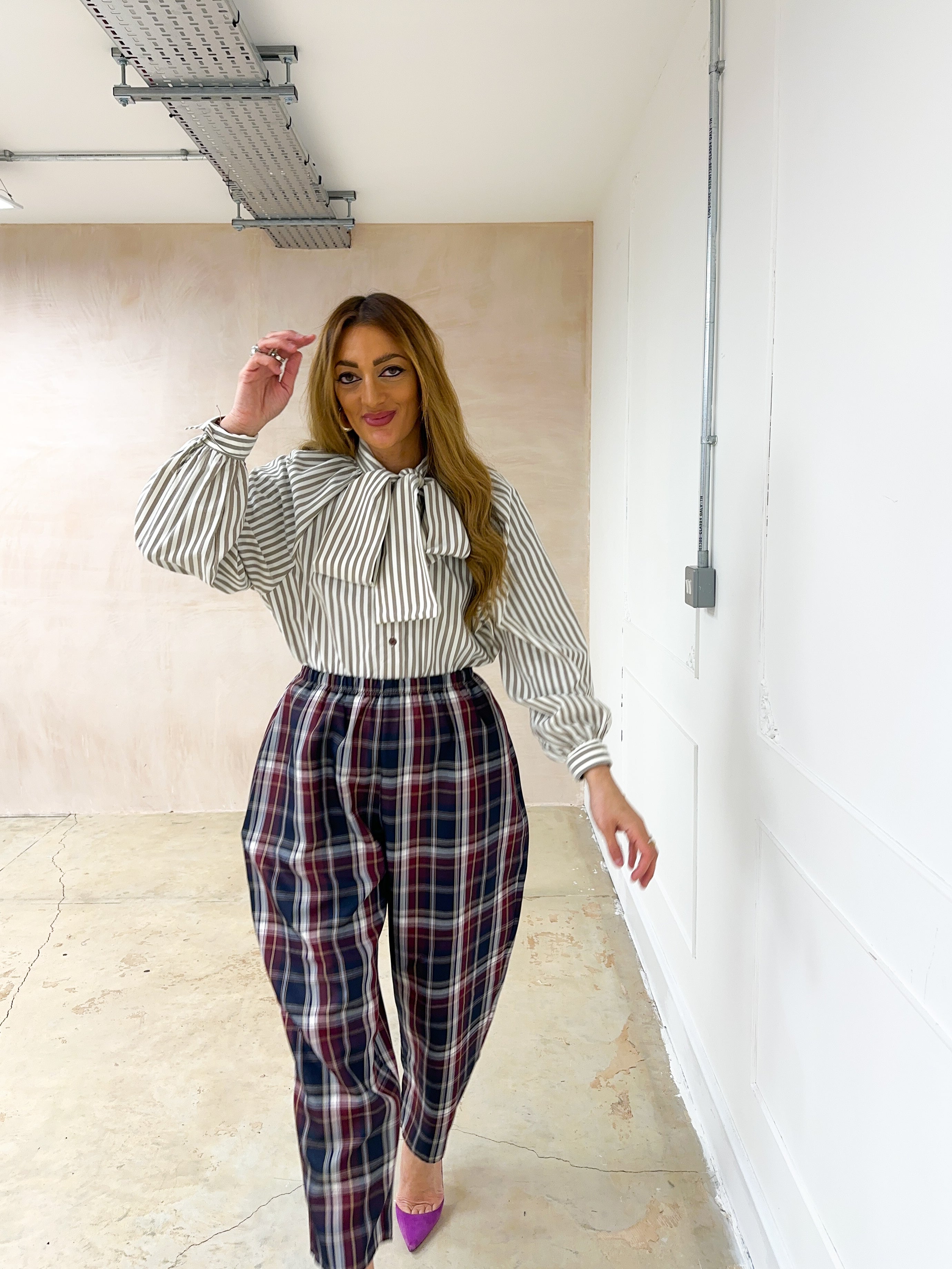 Stripe Bow Front Shirt In Brown And Cream