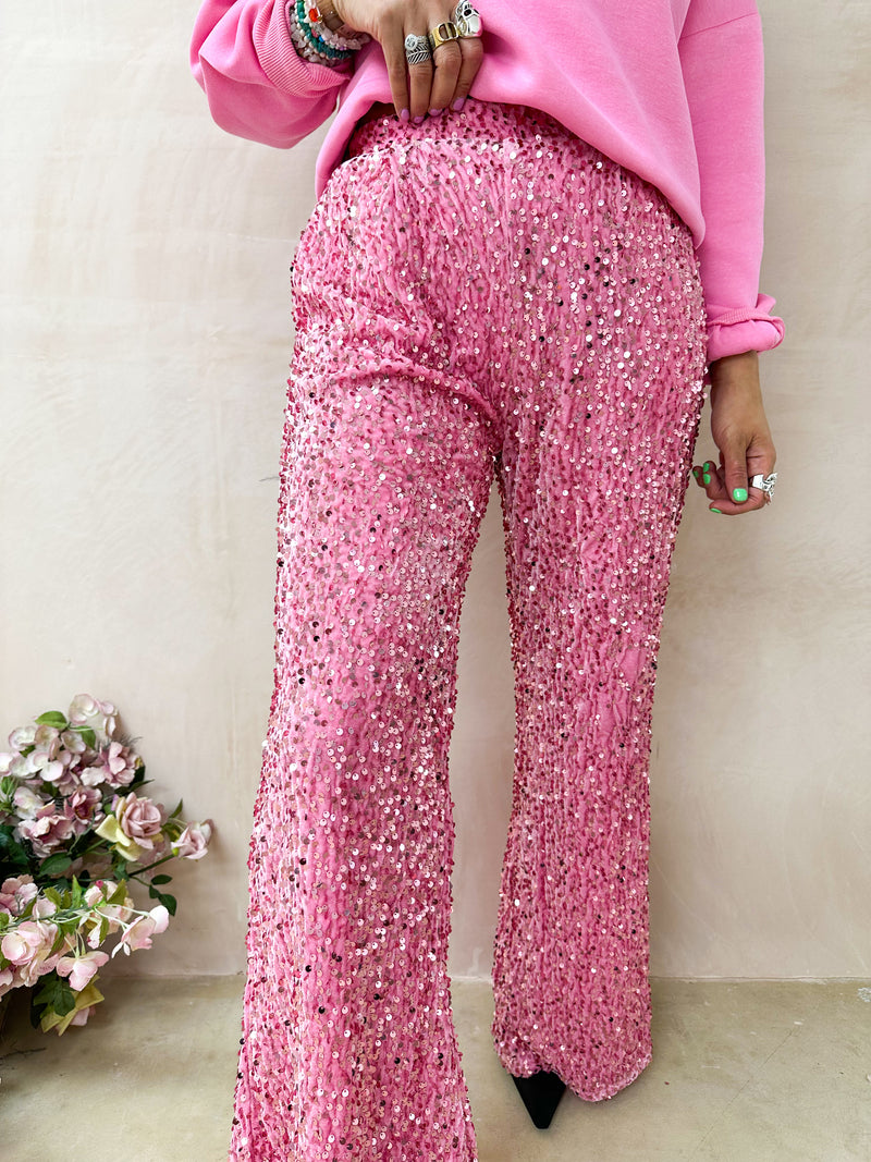 High Waisted Wide Leg Sequin Trousers In Pink