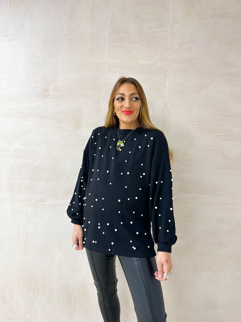 Scattered Pearl Detail Jumper In Faded Black