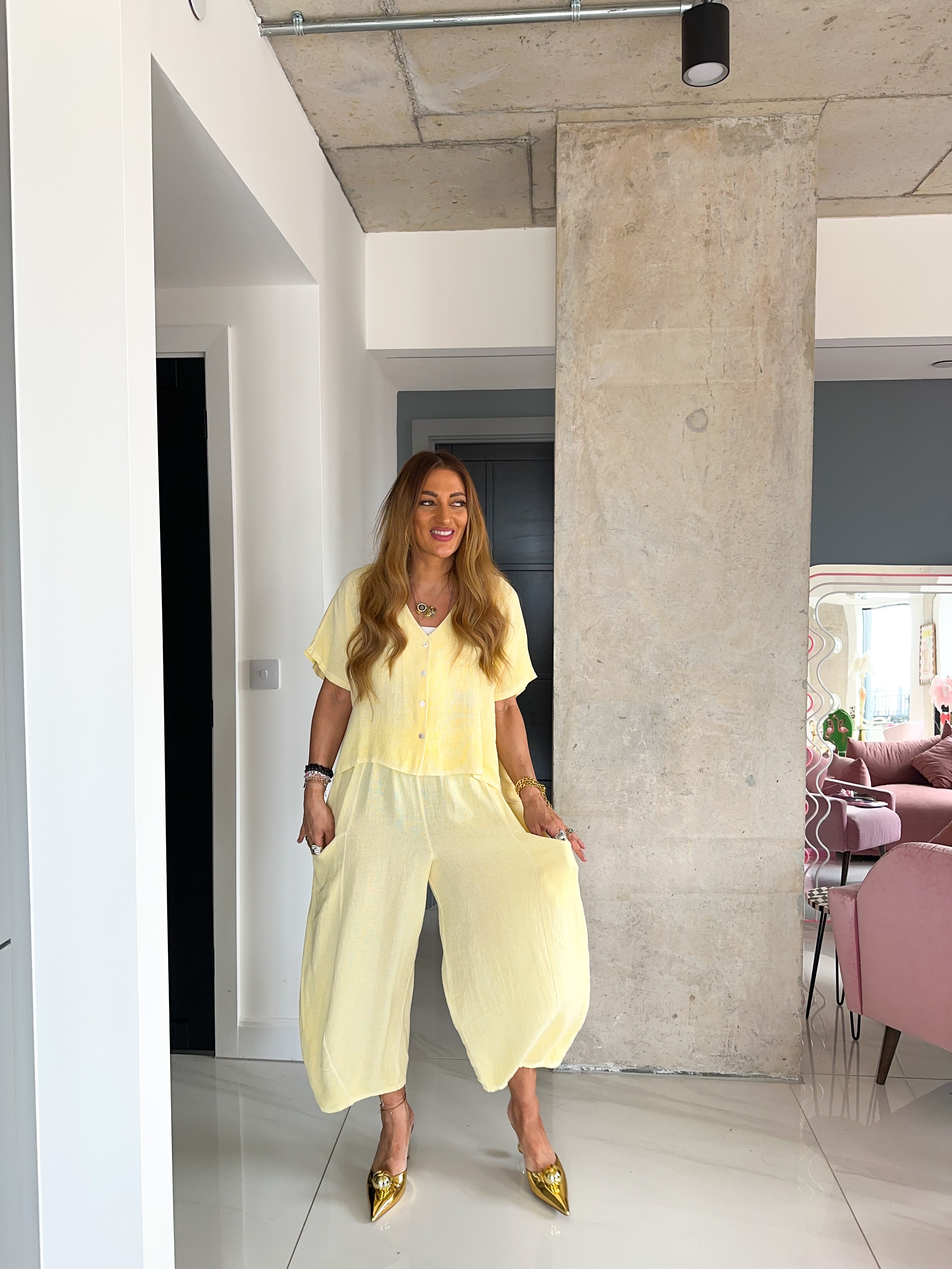Linen Balloon Style Trousers In Candy Yellow