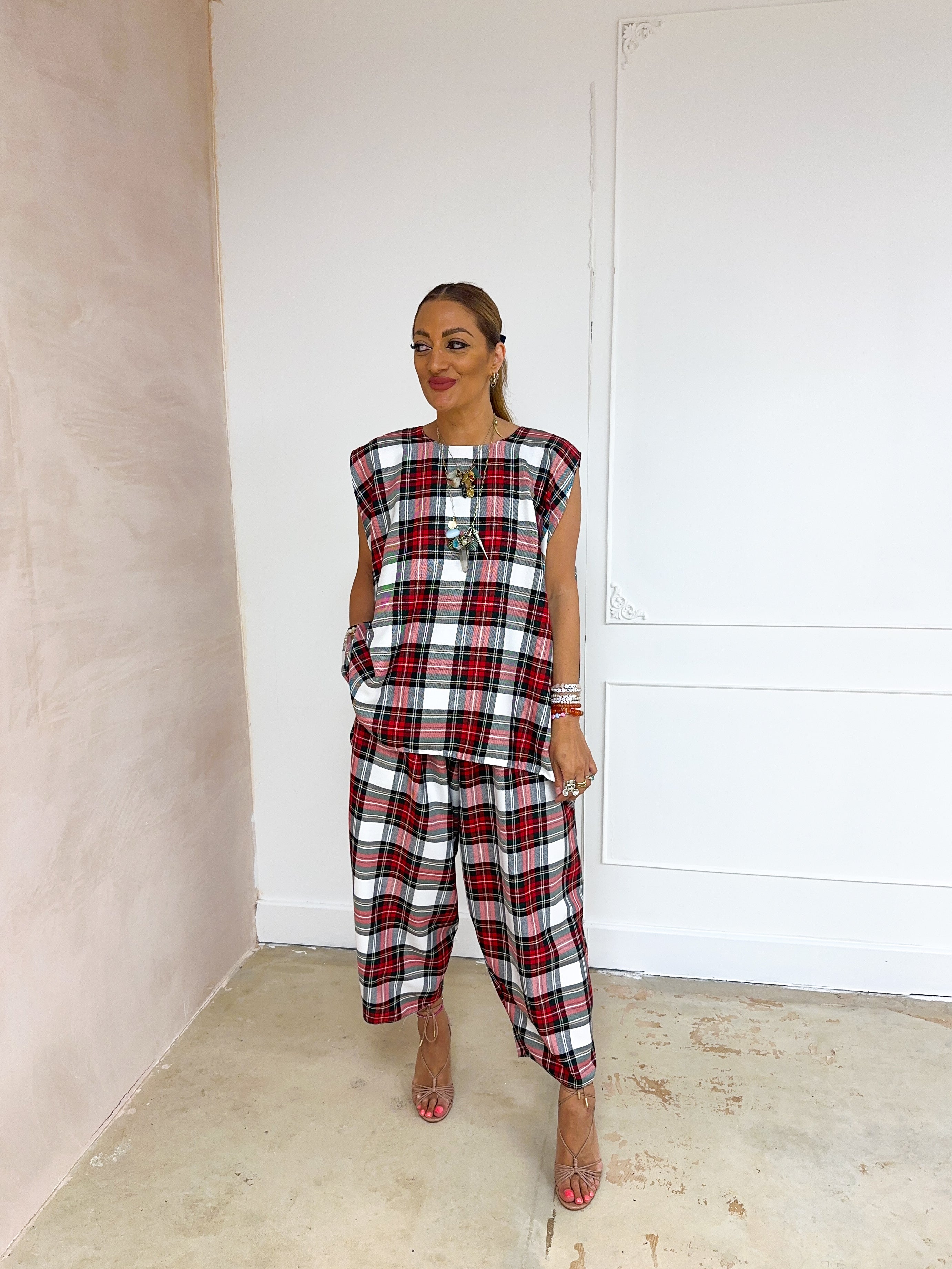Muse Balloon Trousers In Red/White Tartan