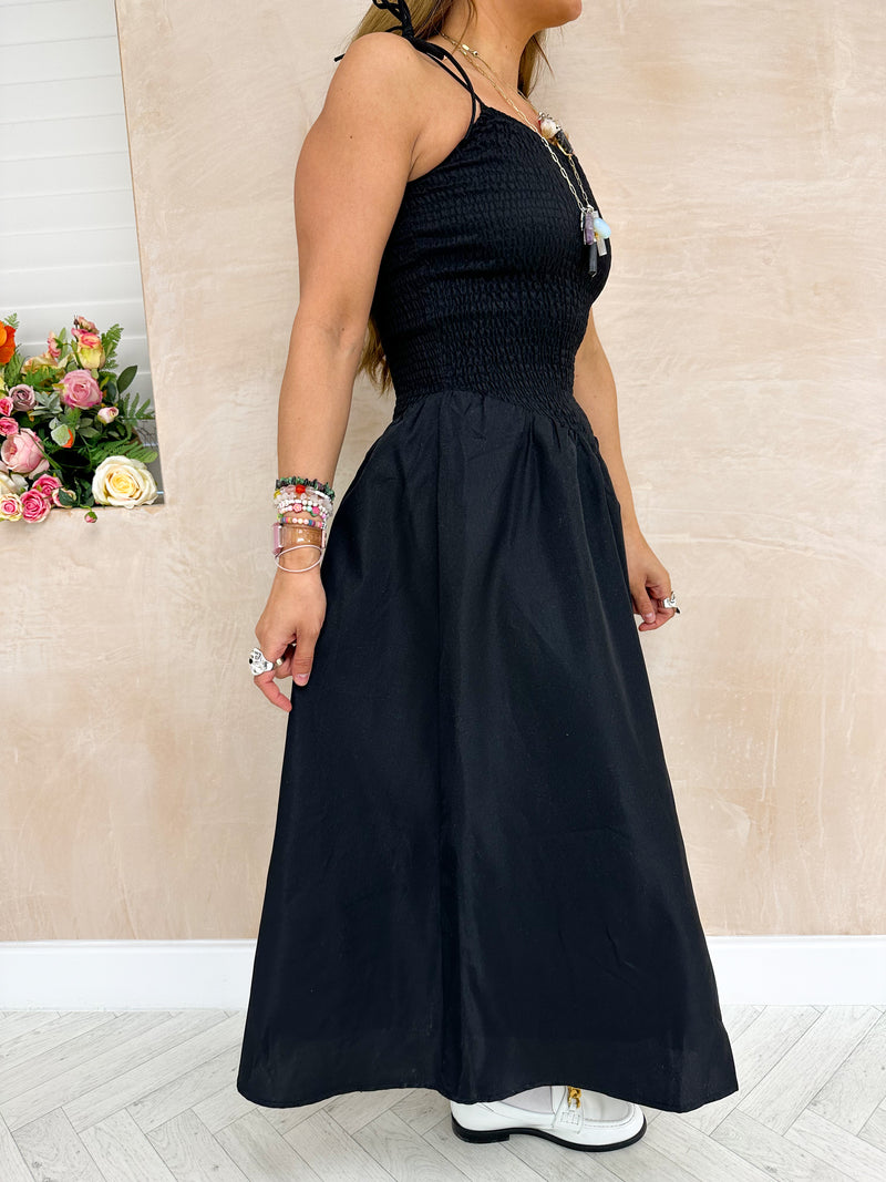 Cami Strap Shirring Dress in Black