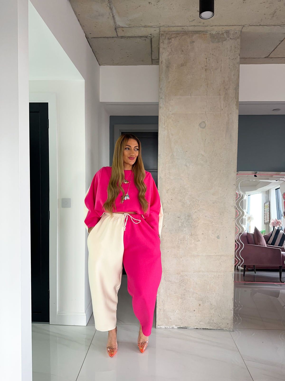 Core Collection Contrast Balloon Trousers In Pink/Cream