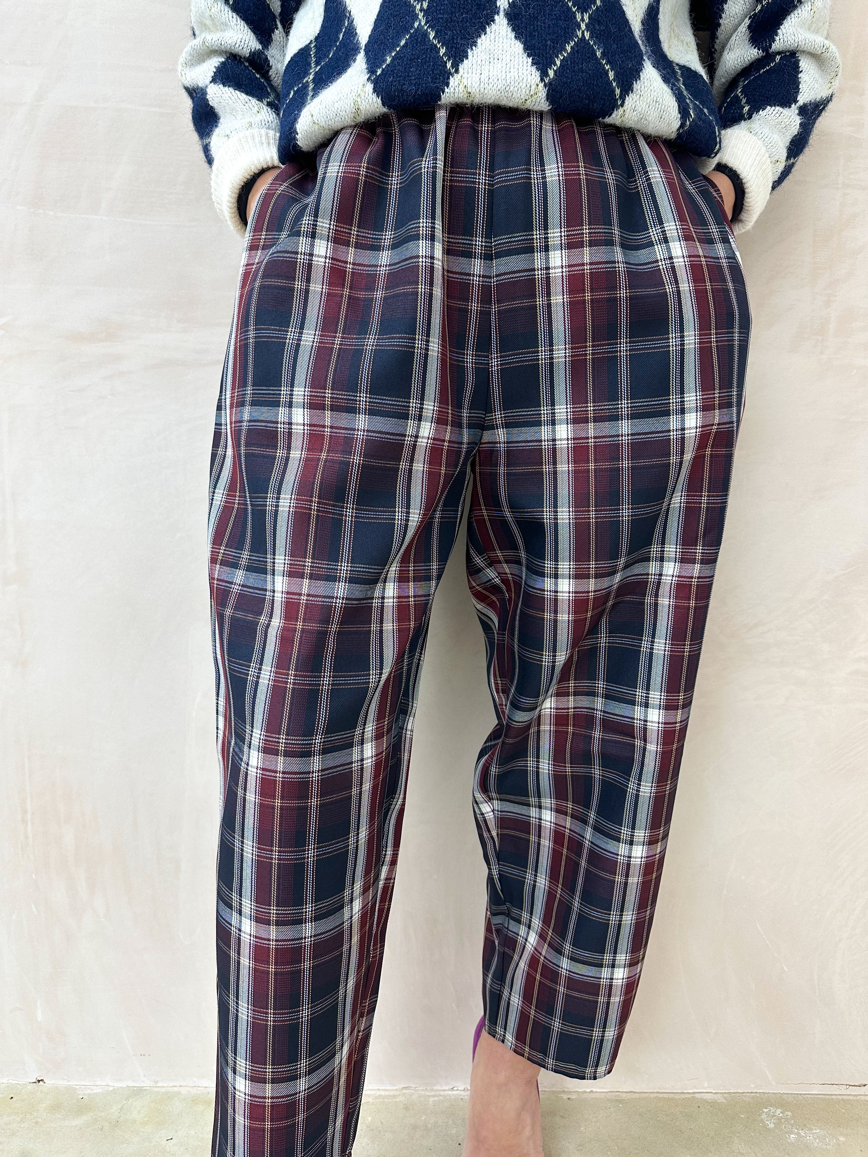 Tartan Check Balloon Trousers In Navy