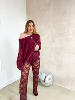 High Waisted Straight Leg Lace Trousers In Burgundy