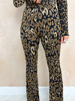 High Waisted Flared Trousers In Darker Leopard Print