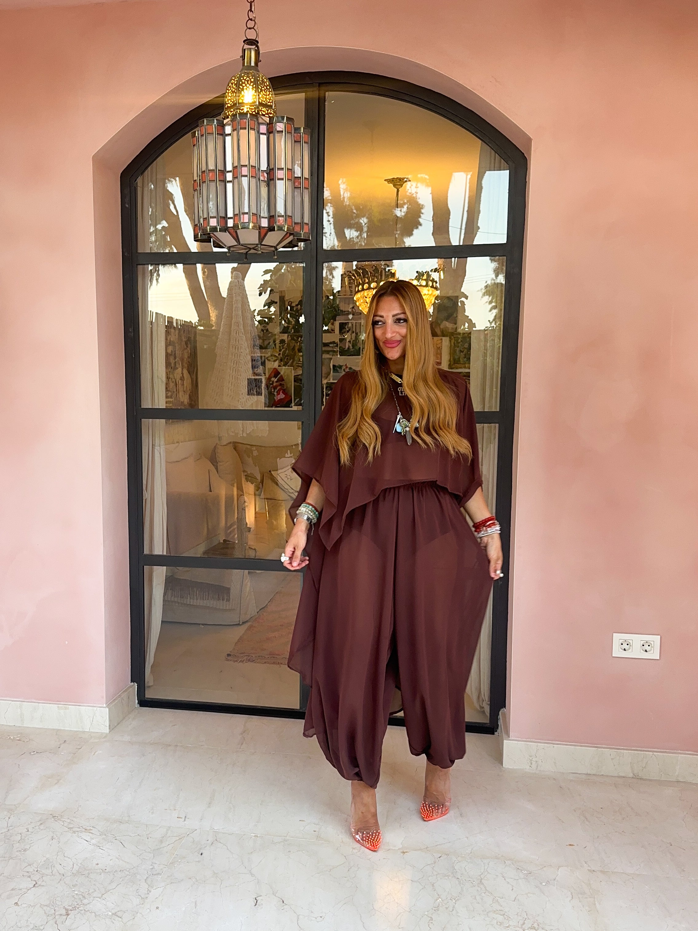 The Jasmine Chiffon Cape Top In Brown