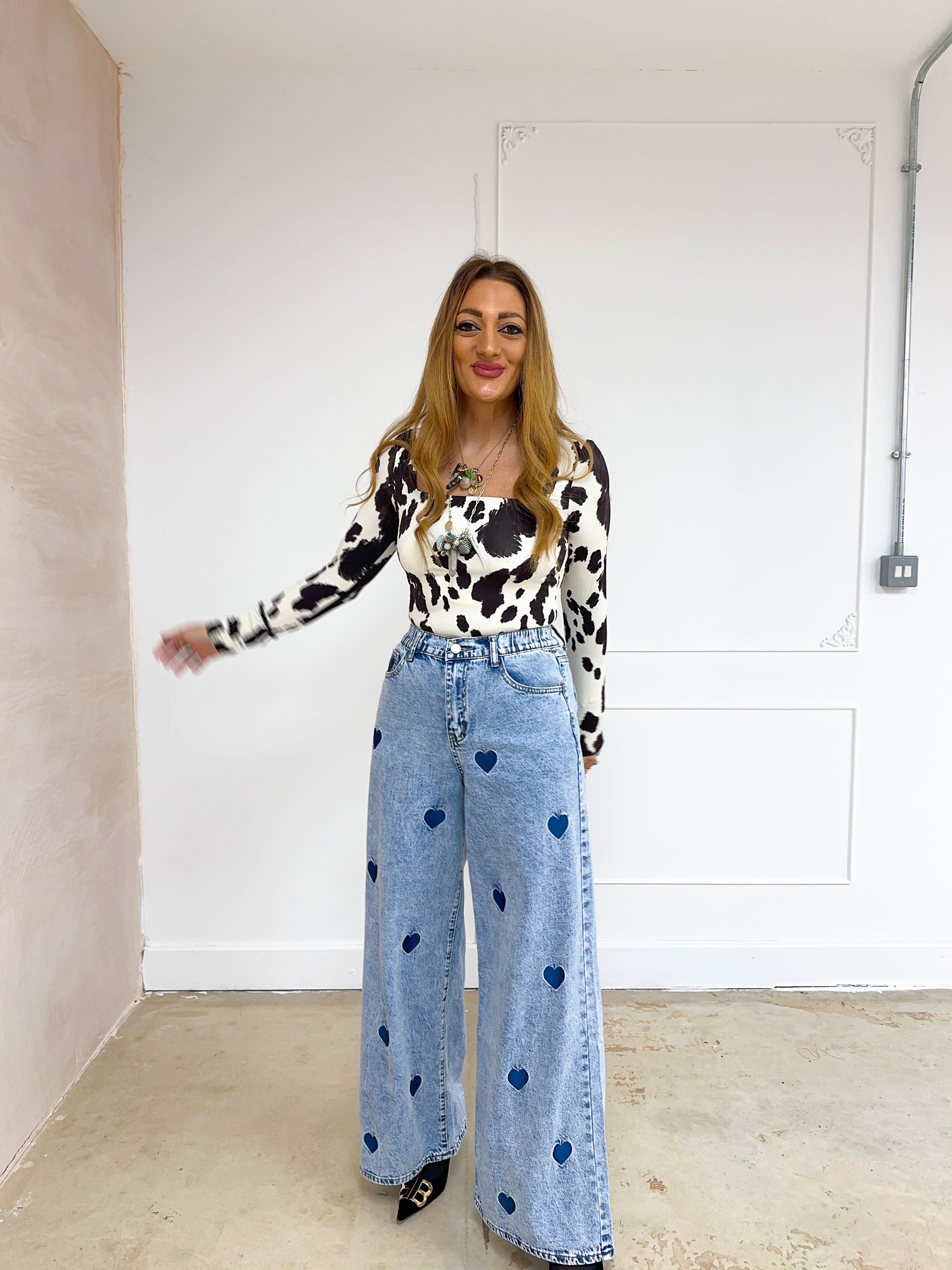 Square Front Long Sleeve Top In Cow Print