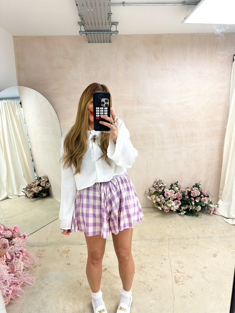 Gingham Print Floaty Shorts In Lilac
