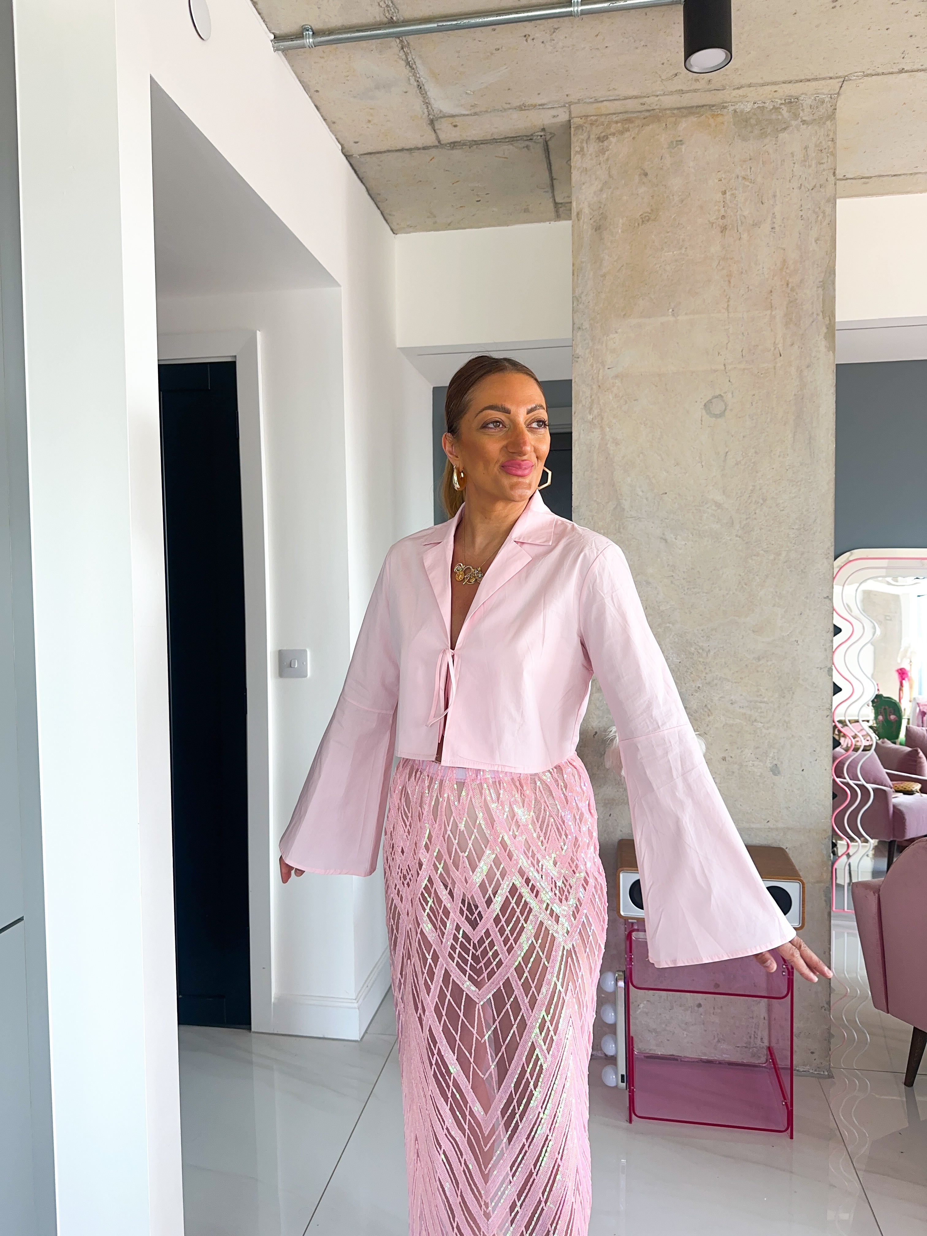Flare Sleeve Tie Front Shirt In Baby Pink
