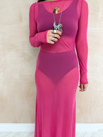 Long Sleeve Mesh Maxi Dress In Raspberry Pink