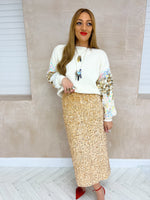 High Waisted Sequin Midi Skirt In Gold