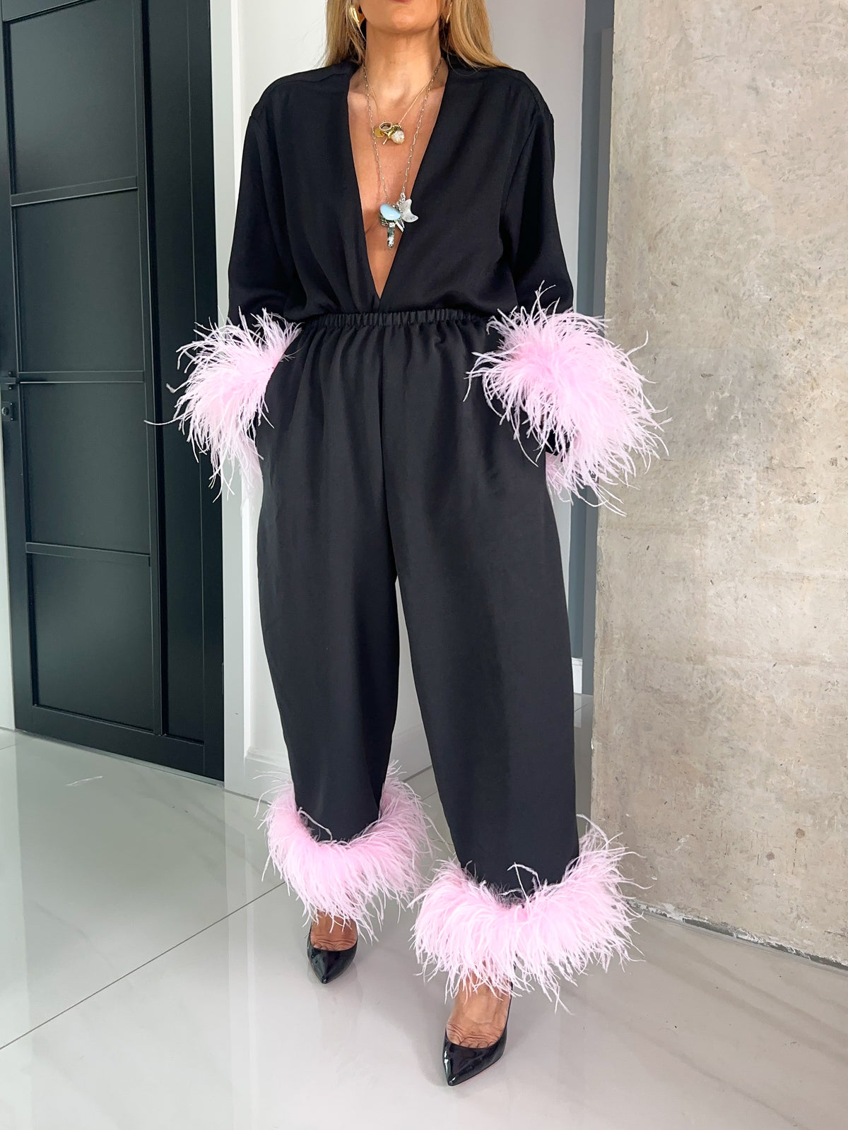 Pink Feather Cuff Shirt In Black