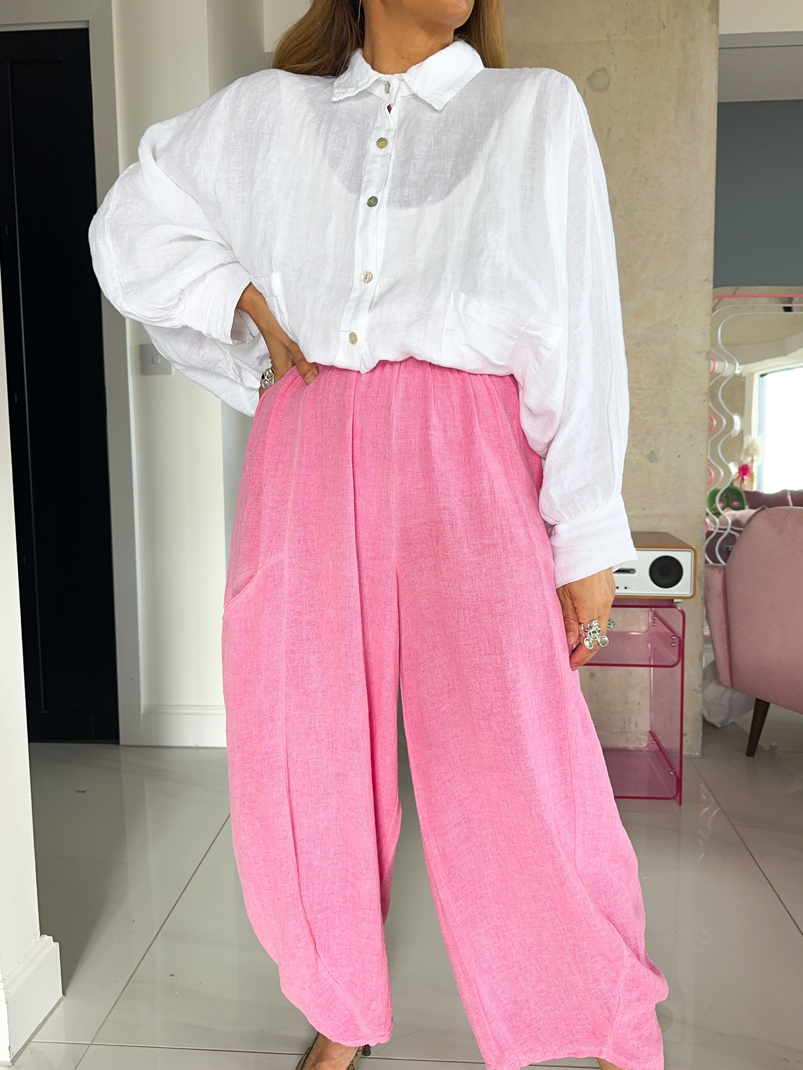 Linen Balloon Style Trousers In Candy Pink