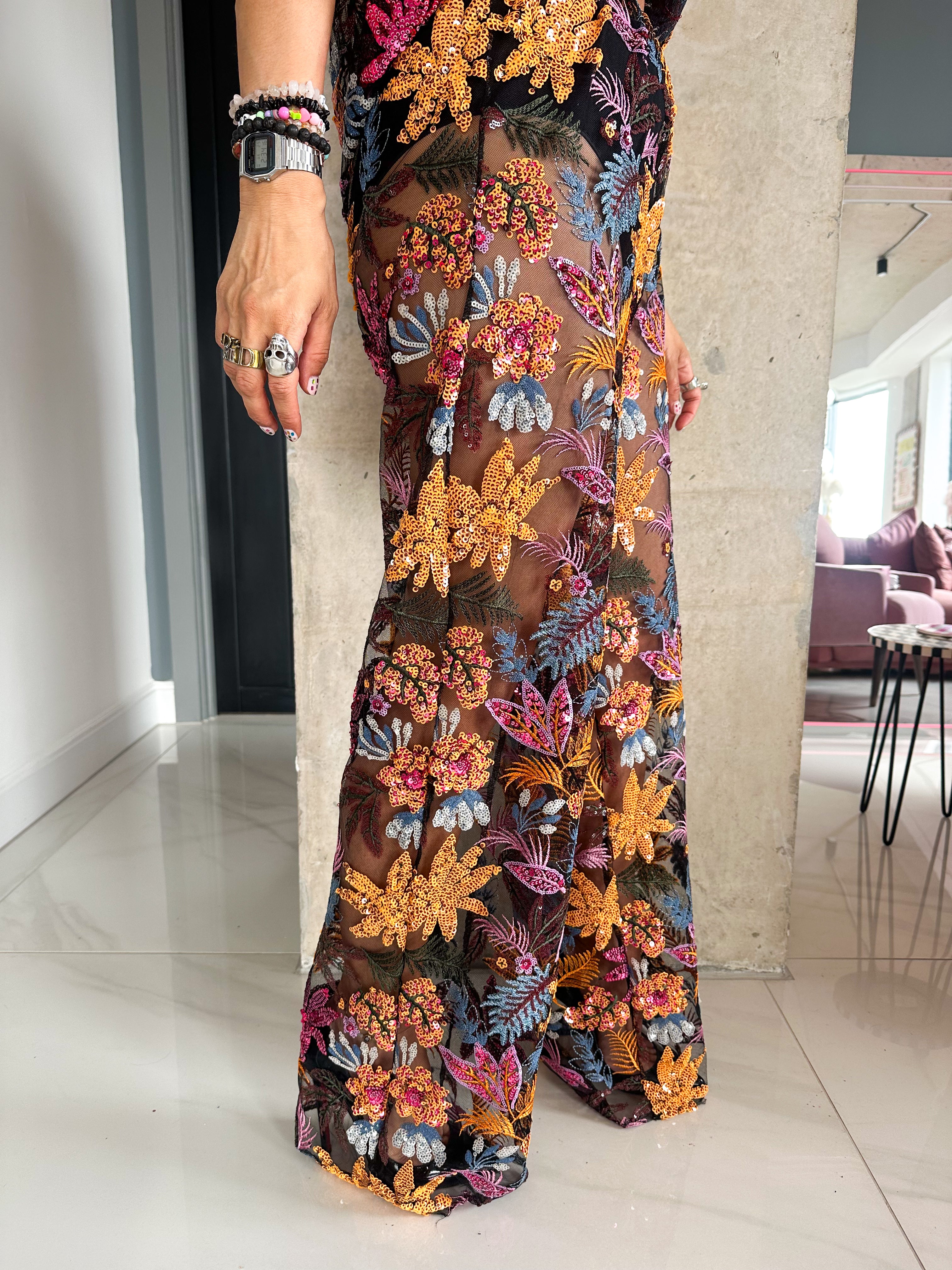 The Flora Sequin Trousers In Black