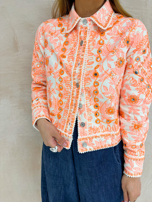 Sequin Mirror Embroidered Denim Jacket In Orange