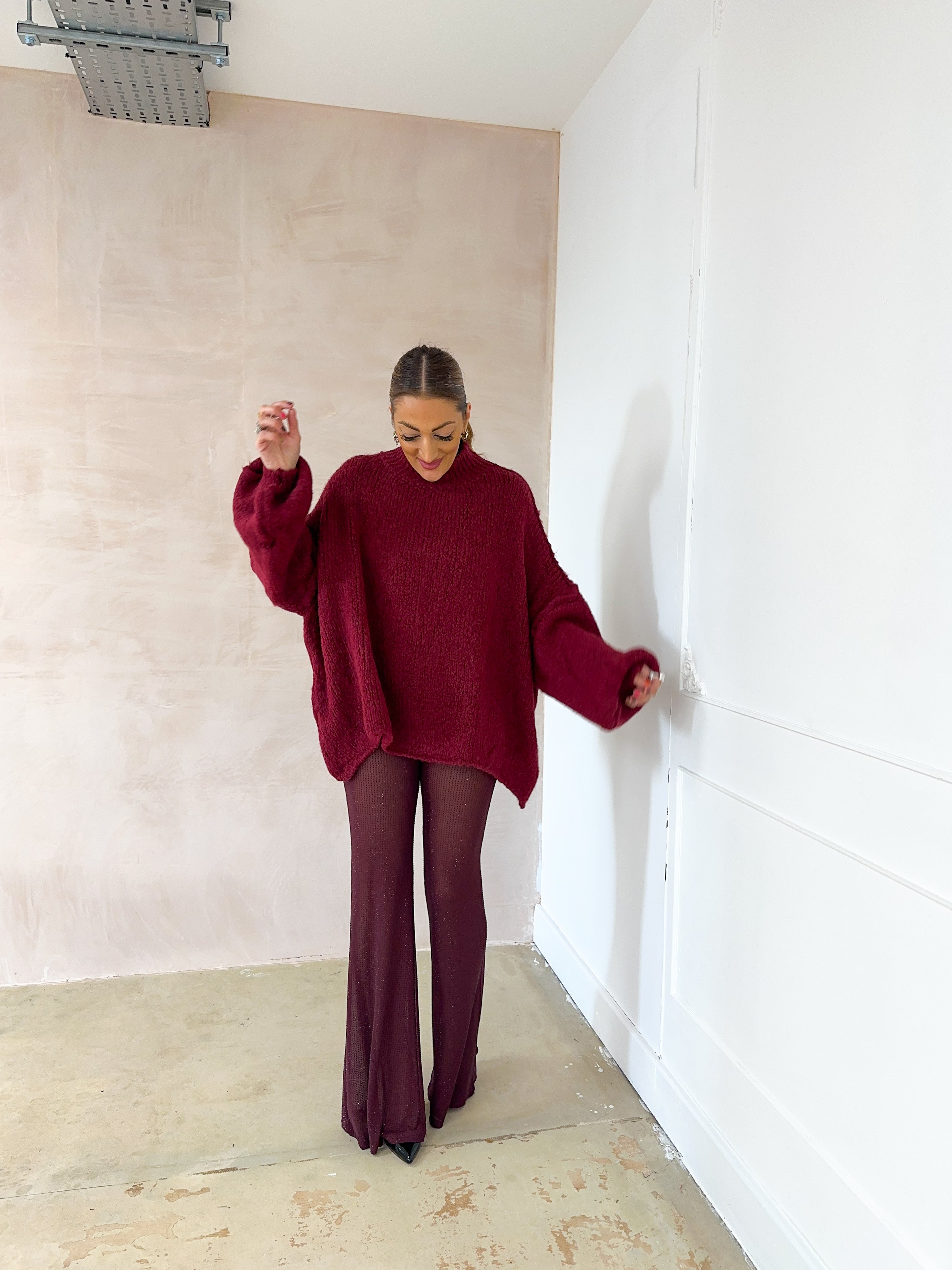 High Waisted Sheer Diamante Flares In Burgundy