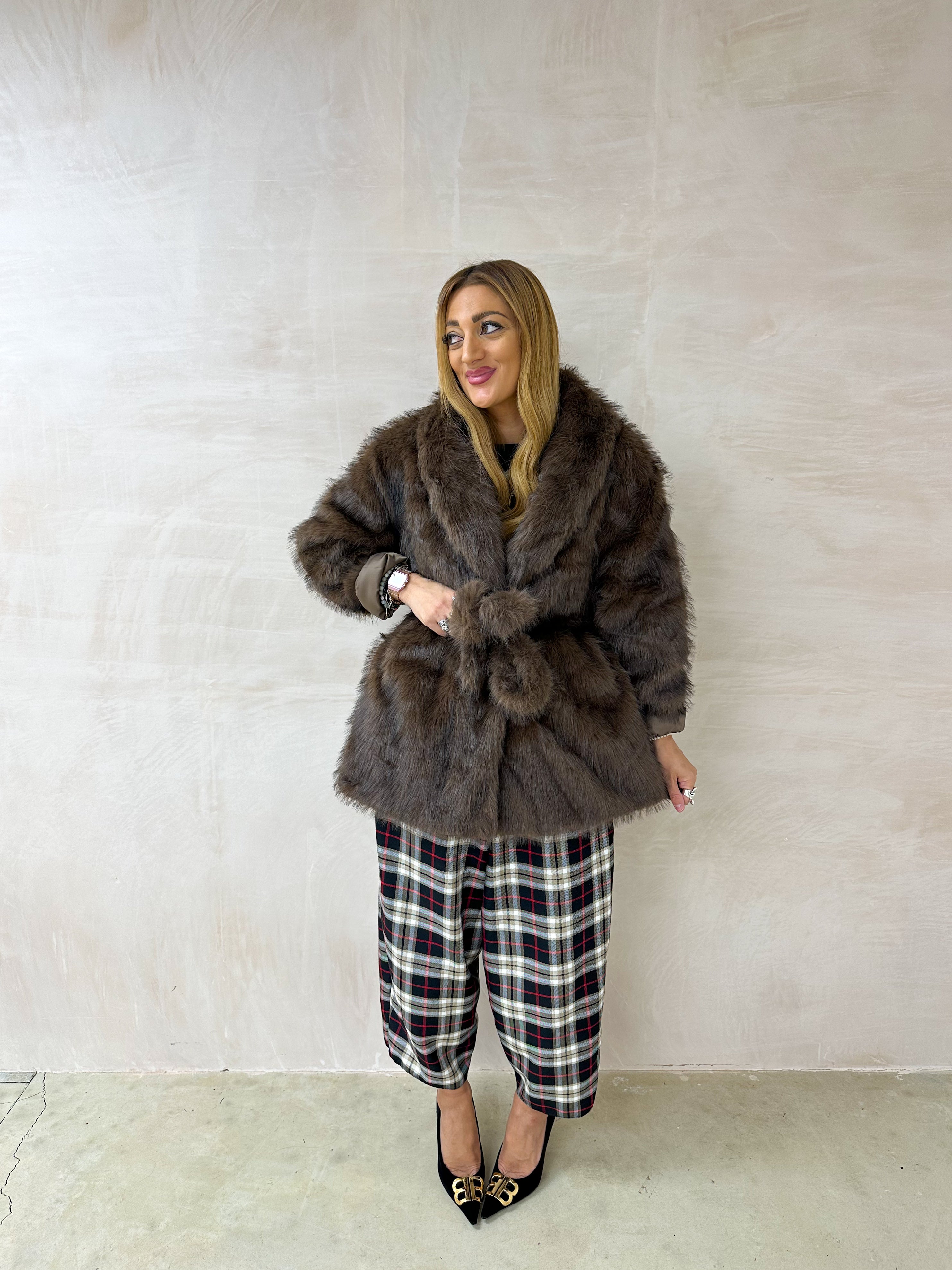 Luxury Faux Fur Belted Jacket In Brown