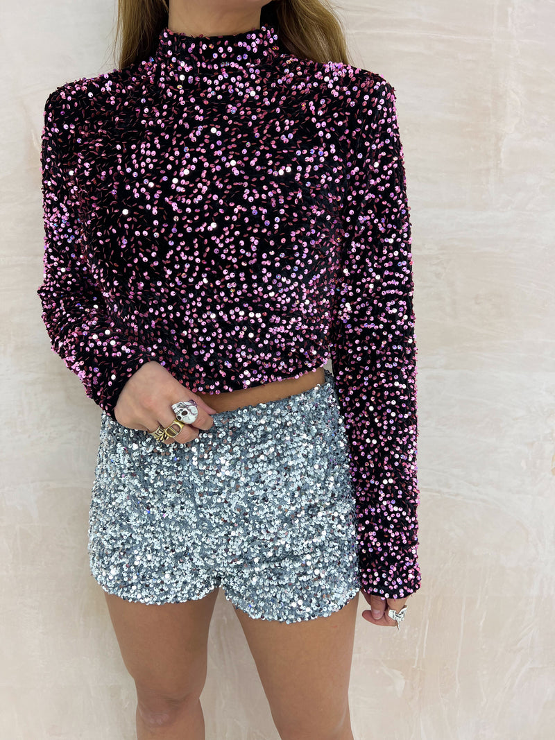 High Waisted Sequin Mini Shorts In Silver
