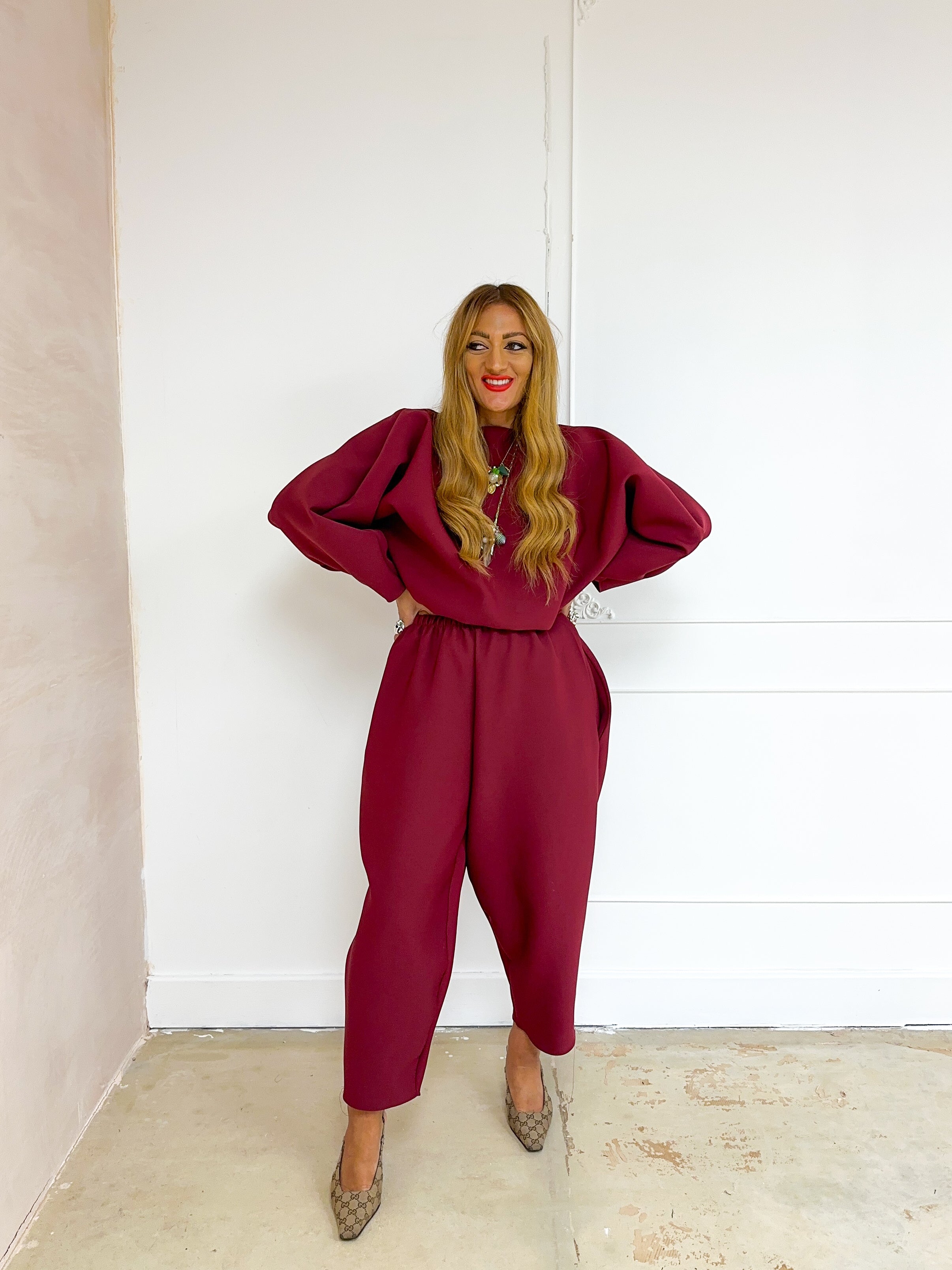Puff Sleeve Scuba Jumper In Burgundy