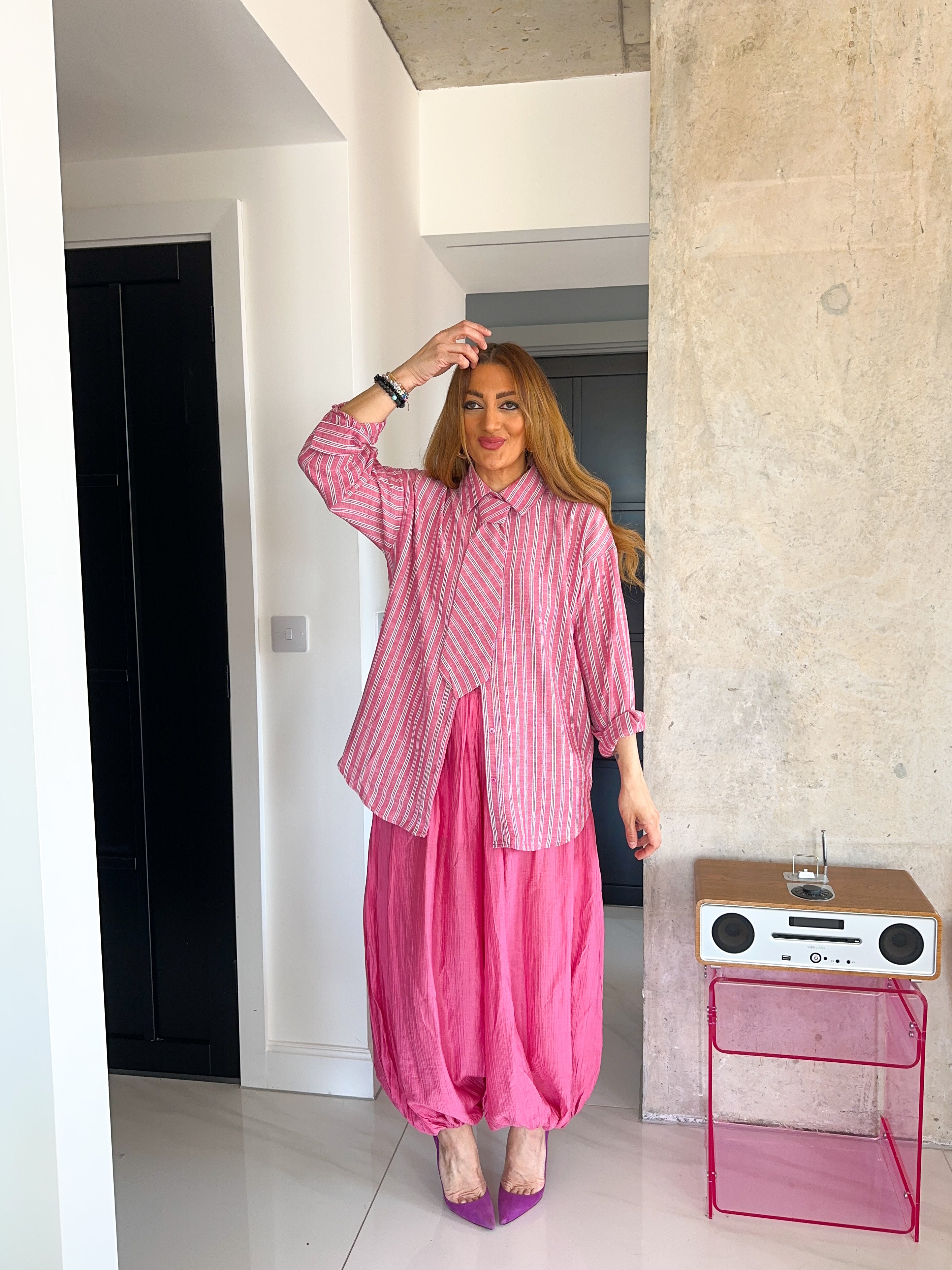 Relaxed Fit Tie Detail Shirt In Pink Stripe