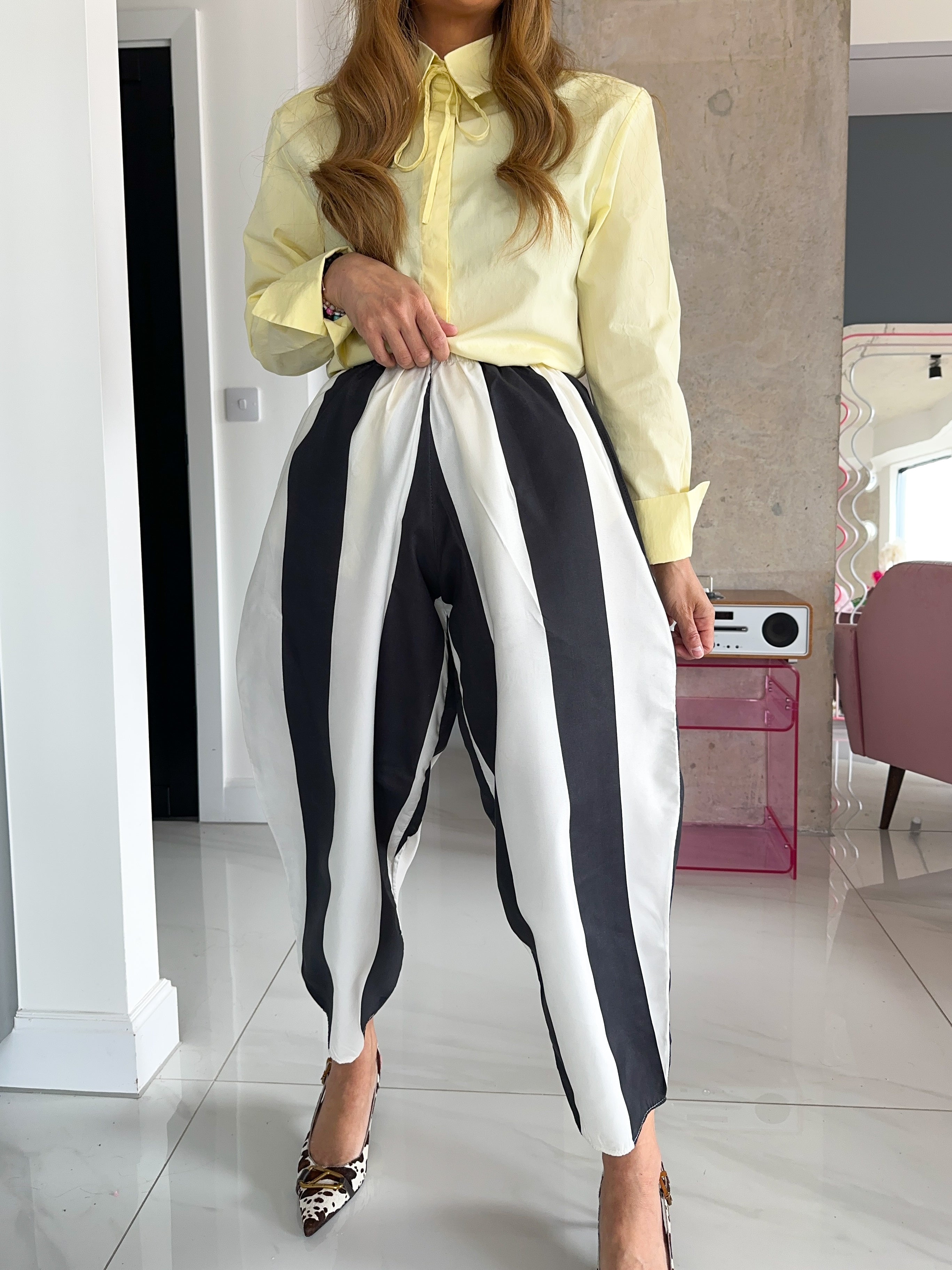 High Waisted Balloon Trousers In Black And White Stripe