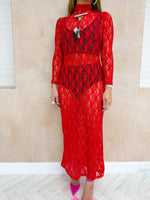 Sheer Lace Midi Dress In Red