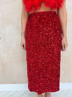 High Waisted Sequin Midi Skirt In Red