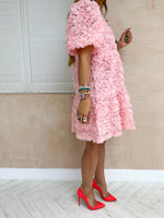 Rose Applique Puff Sleeve Dress In Pink