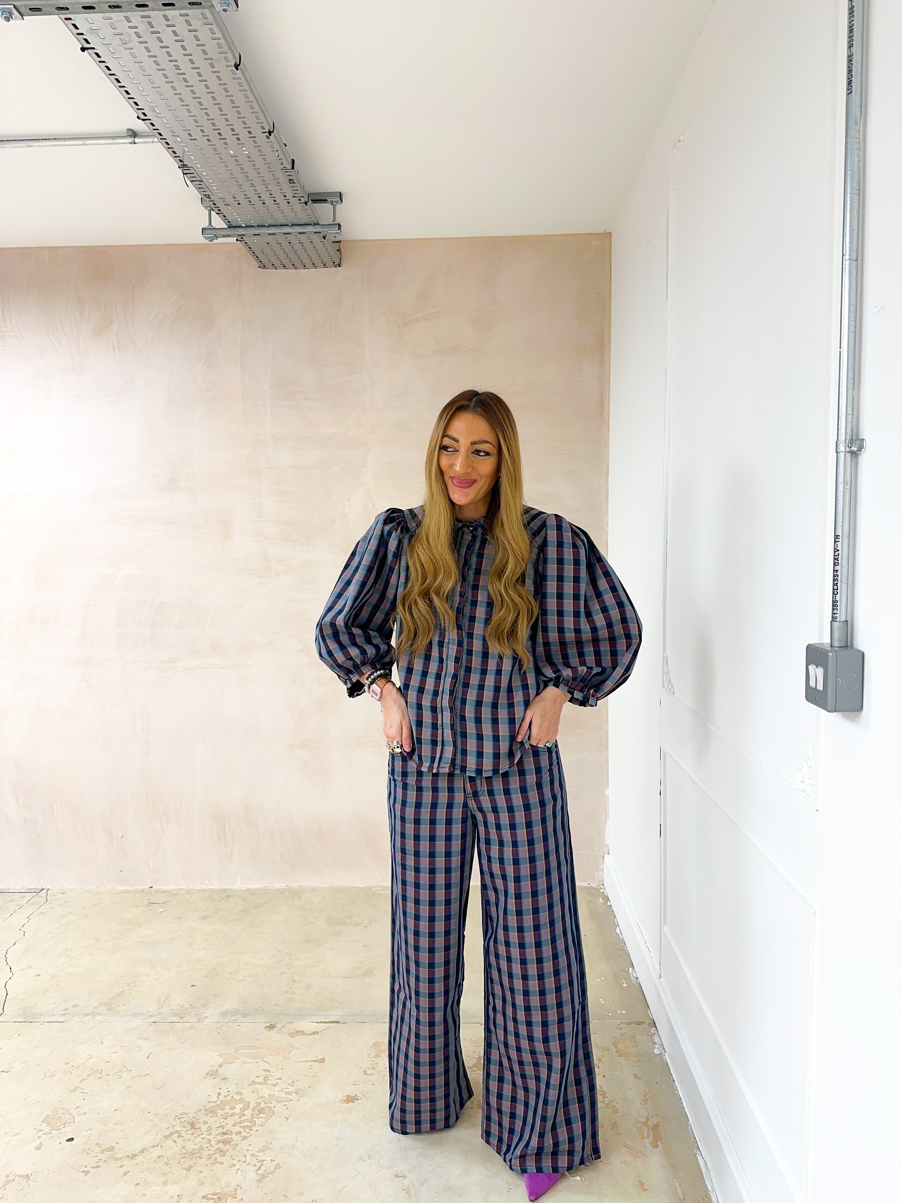 Puff Sleeve Check Shirt In Purple/Navy