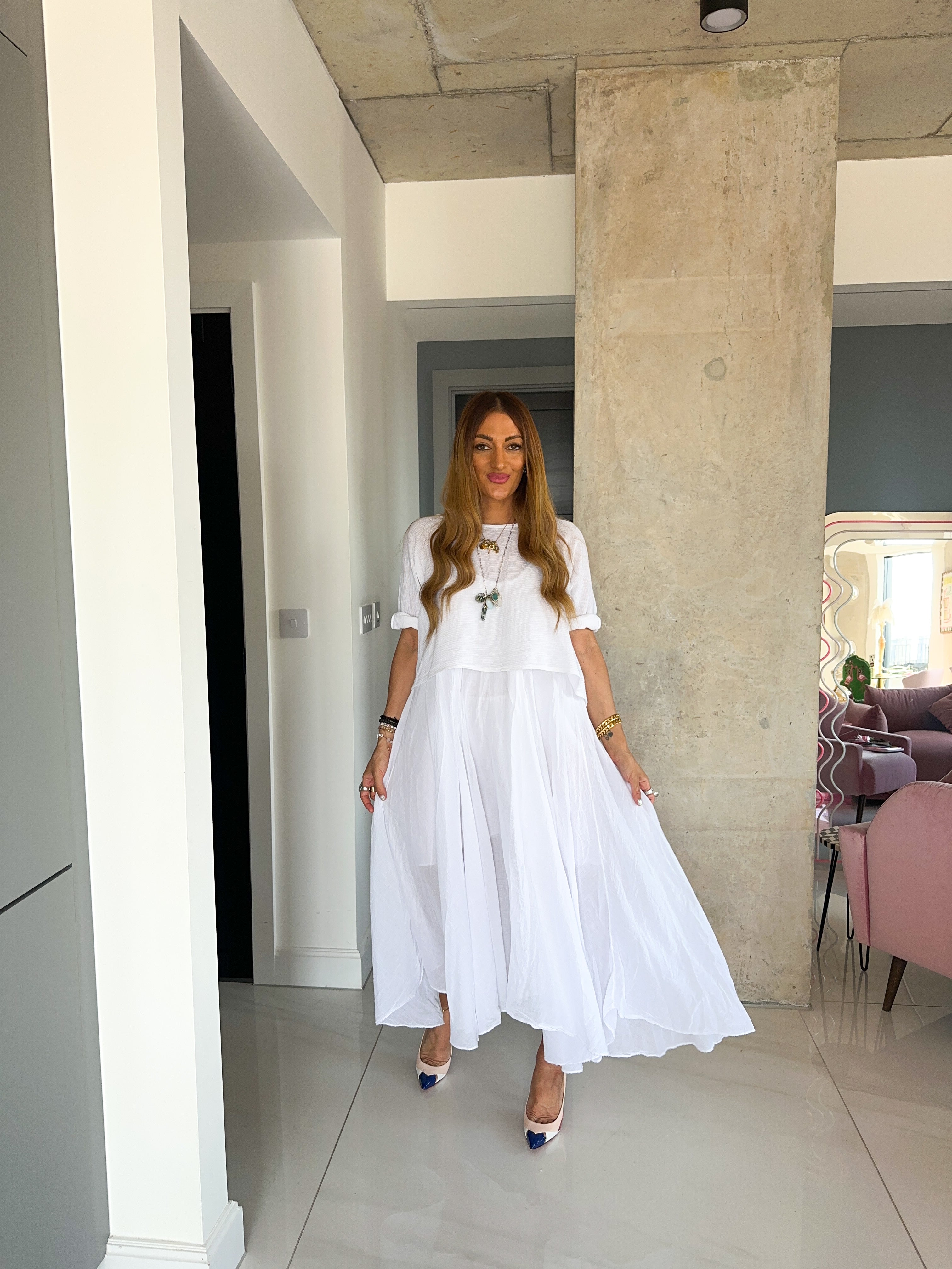 White Linen T-Shirt Style Maxi Dress